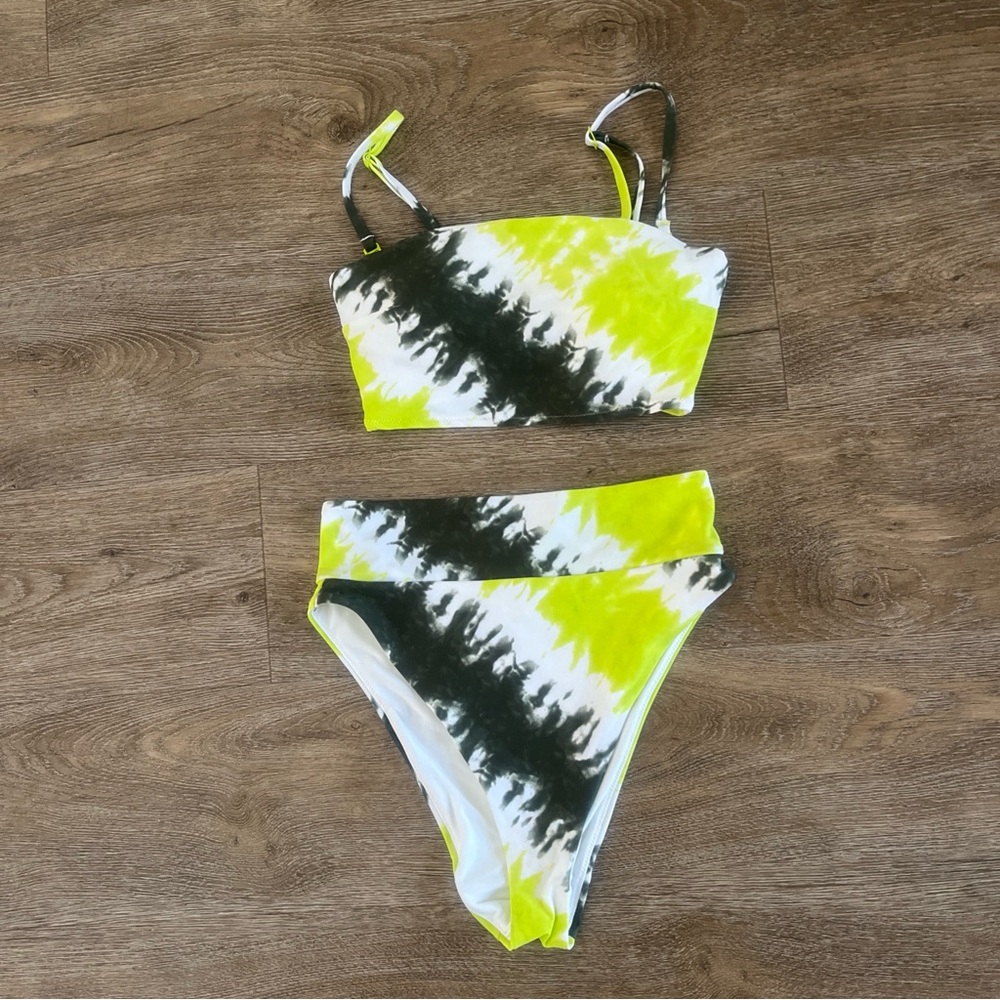 aerie Yellow, White & Black Tie-Dye Bikini Bottoms